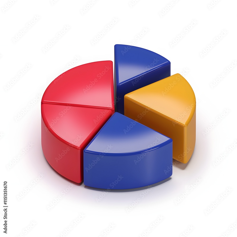 3D Pie Chart with Four Colorful Segments, Perfect for Data Distribution Visualization and Comparative Analysis. Isolated on White Background. 3D Pie Chart with Four Colorful Segments, Perfect for Data Distribution Visualization and Comparative Analysis. Isolated on White Background.