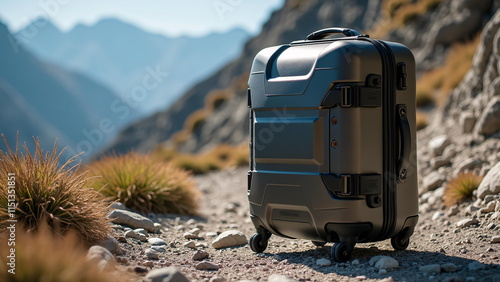 Hiking-style luggage with a rugged design and multiple compartments  positioned on a rocky mountain trail photo