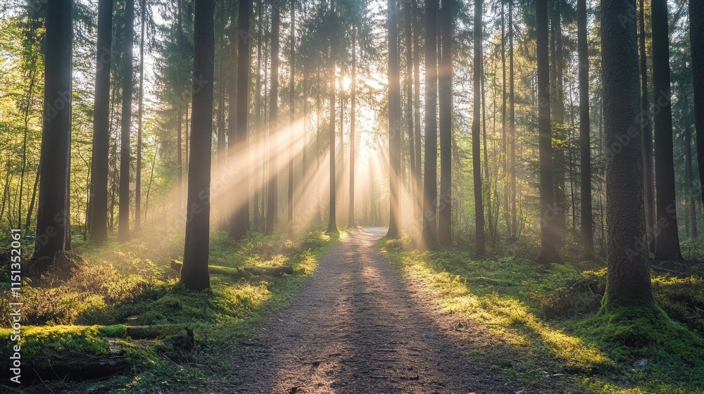 Fototapeta premium A quiet forest path under the moonlit sky, with beams of light filtering through the trees.