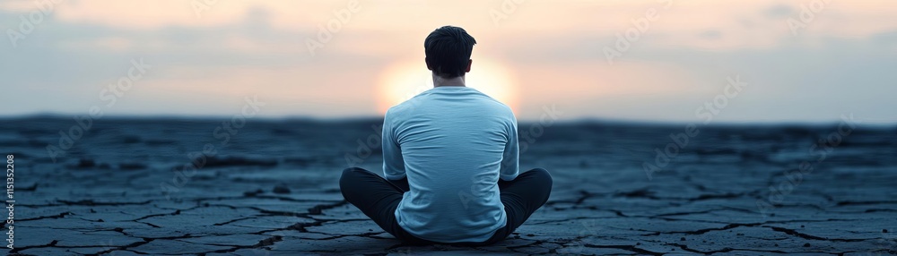 Fototapeta premium Survivor sitting on cracked earth looking toward a glowing horizon, nuclear bomb, resilience and reflection