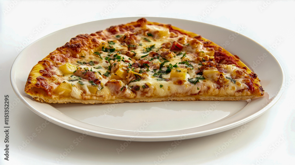 Delicious slice of hawaiian pizza on a white plate with cheese and pineapple toppings Delicious slice of hawaiian pizza on a white plate with cheese and pineapple toppings
