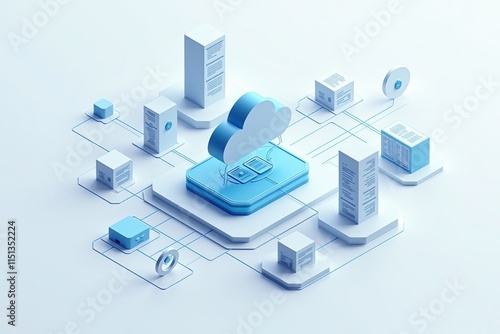Cloud computing - A 3D illustration of a cloud computing network, showcasing data servers and interconnected devices in a minimalistic design.