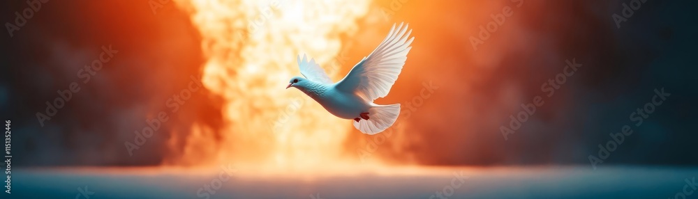 Obraz premium Symbolic white dove flying toward a nuclear explosion, nuclear bomb, peace versus destruction