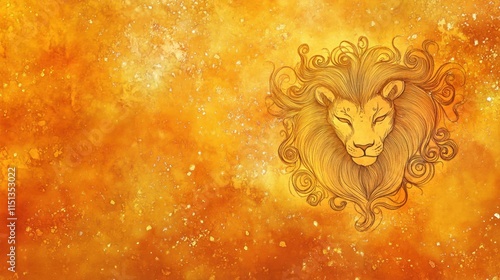 A radiant Leo symbol set against a glowing golden watercolor background, exuding power through detailed freehand art.