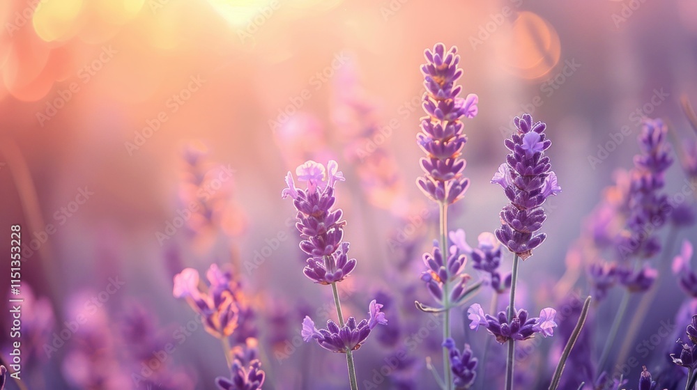 Naklejka premium Lavender flowers, soft pastel colors, sunlight, nature background, calm atmosphere, floral beauty, close up view of blooming lavender in a serene environment, tranquility
