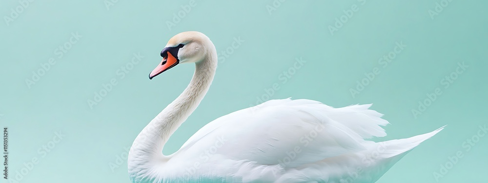 Fototapeta premium Elegant white swan in profile view against a mint green background.
