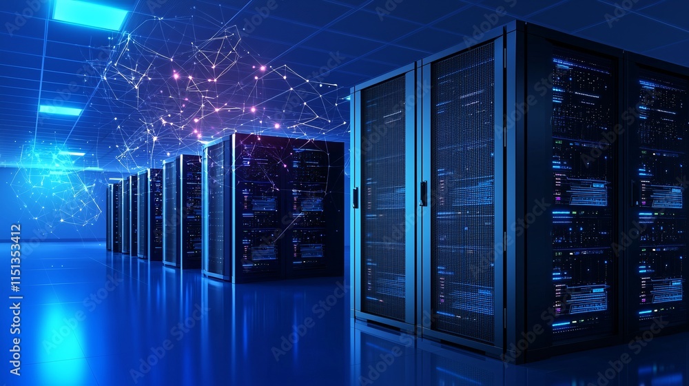 A cutting-edge healthcare data center with secure servers managing private health records, futuristic digital interfaces displaying encrypted data