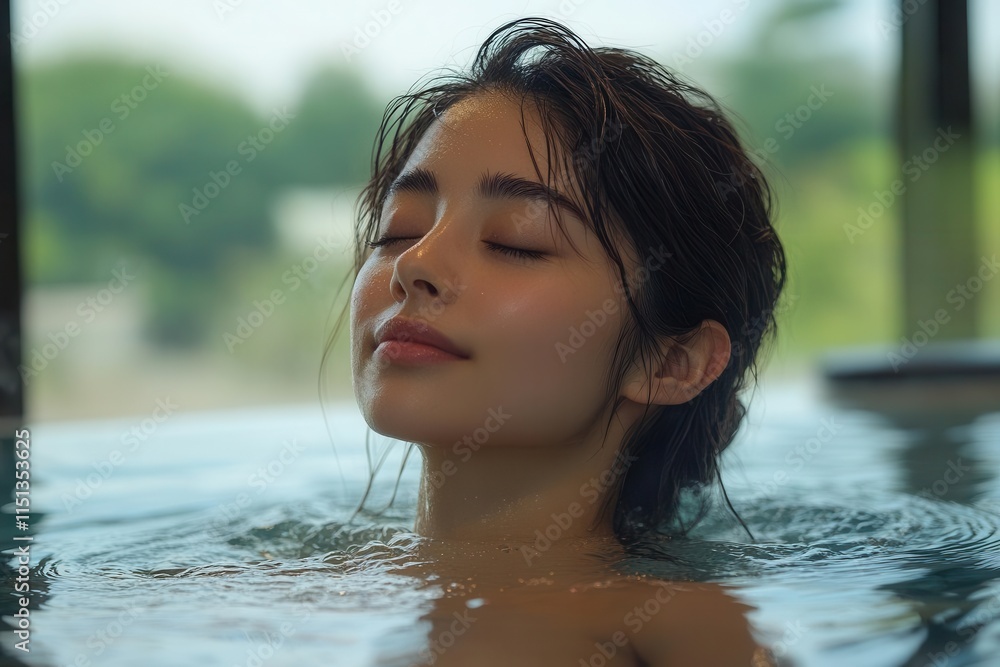 Fototapeta premium a tranquil profile of a person relaxing in a soothing onsen, with closed eyes, capturing the essence of self-care and mindfulness amidst natural beauty and serenity