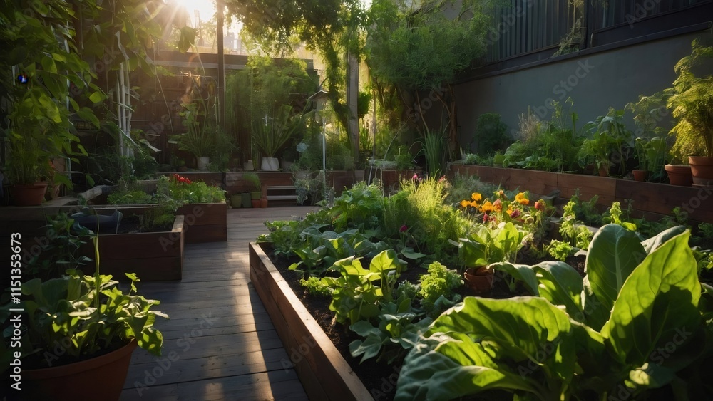Fototapeta premium Homegrown vegetables and herbs thrive in raised garden beds, bathed in the warm glow of sunset, promoting sustainable living
