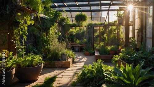 Lush plants thrive in a sunlit urban rooftop garden, showcasing sustainable practices photo