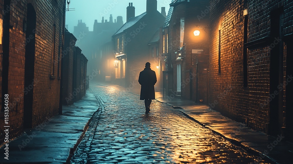 Man walks foggy, rainy, narrow, dark street. Man walks foggy, rainy, narrow, dark street.