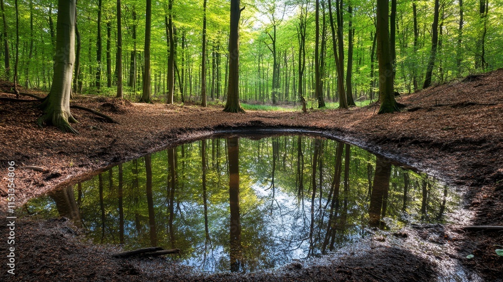 Fototapeta premium A reflective pond in the woods glowing softly under the moonlit sky, creating a peaceful scene.