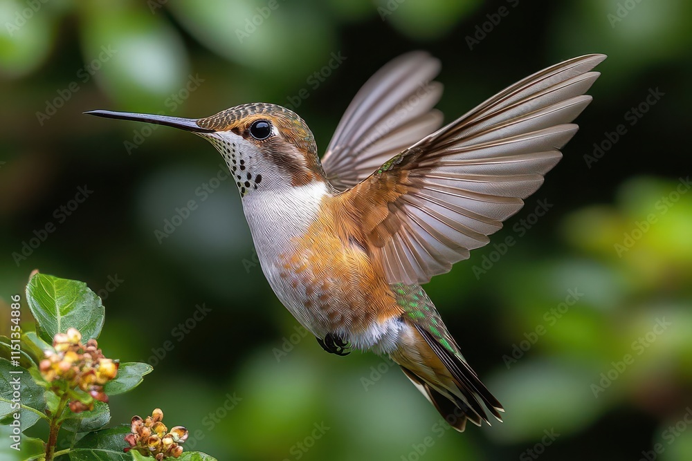 Obraz premium a vibrant hummingbird frozen in mid-flight, surrounded by a rich green forest backdrop, showcasing its iridescent feathers and grace in a colorful display of nature