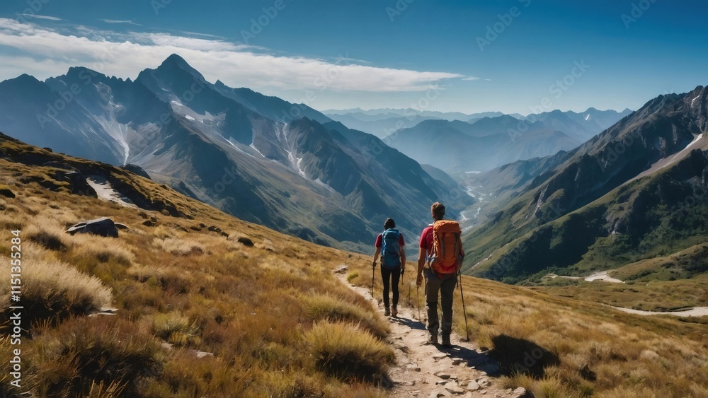 Fototapeta premium Two hikers are trekking on a scenic mountain path, enjoying the panoramic view of a majestic valley