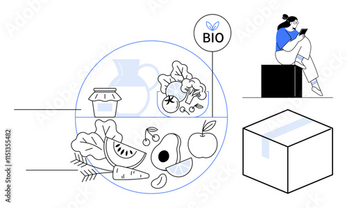 Woman using tablet while sitting near fresh organic vegetables and fruits, a jar, jug, BIO label, and a delivery package. Ideal for health, technology, online shopping, organic food convenience