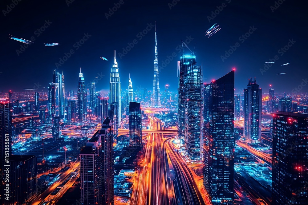 Fototapeta premium Night skyline with illuminated buildings and roads.