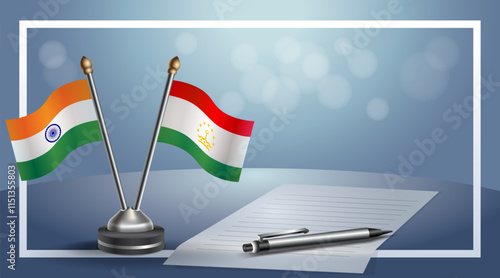 India and Tajikistan National flags on small table with bokeh background, cooperative relationship