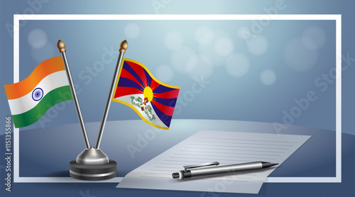 India and Tibet National flags on small table with bokeh background, cooperative relationship