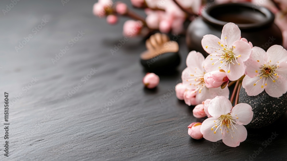 Fototapeta premium Elegant Cherry Blossoms on Dark Slate Background with Traditional Japanese Tea Set for a Serene and Minimalistic Aesthetic