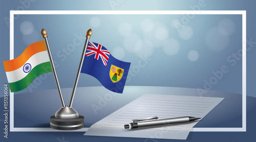 India and Turk and Caicos National flags on small table with bokeh background, cooperative relationship