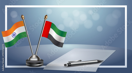 India and United Arab Emirates National flags on small table with bokeh background, cooperative relationship