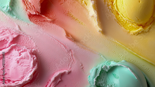 Colorful rainbow sherbet scoops in pink, orange, yellow, and green close-up detail