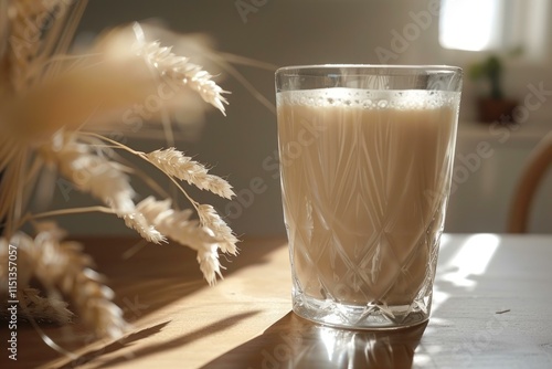 Plant based milk in a glass with wheat stalks on a wooden table in bright sunlight photo