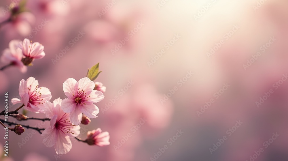 Close-up of blooming pink cherry blossoms on a soft blurred background with warm light. Spring floral nature with copy space Close-up of blooming pink cherry blossoms on a soft blurred background with warm light. Spring floral nature with copy space