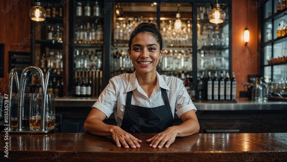 Young smiling bartender posing in a bar with alcohol shelves in the background Young smiling bartender posing in a bar with alcohol shelves in the background