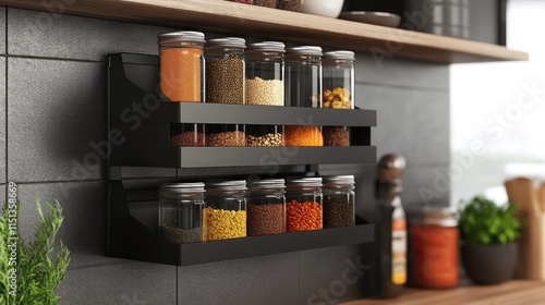 Fototapeta Naklejka Na Ścianę i Meble -  Modern black spice rack with glass jars filled with various spices.