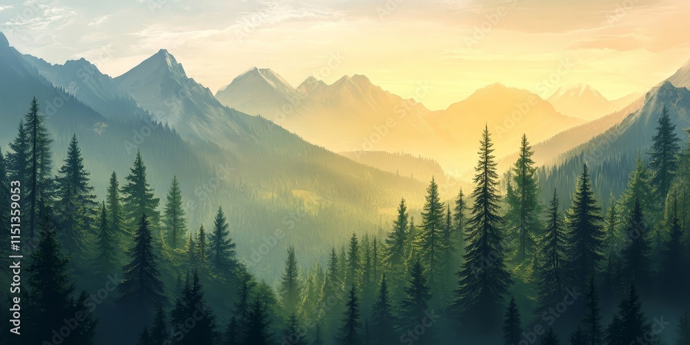 Obraz premium Beautiful and delightful design showcasing a breathtaking forest scenery nestled in the mountains, perfect as a wallpaper. Ideal for those who love natures charm.