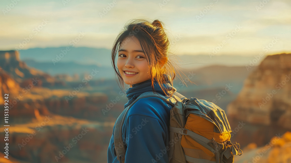 Asian young female backpacker enjoying scenic canyon view at sunset Asian young female backpacker enjoying scenic canyon view at sunset