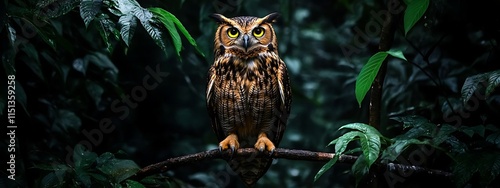 Great horned owl perched in a dark forest. photo