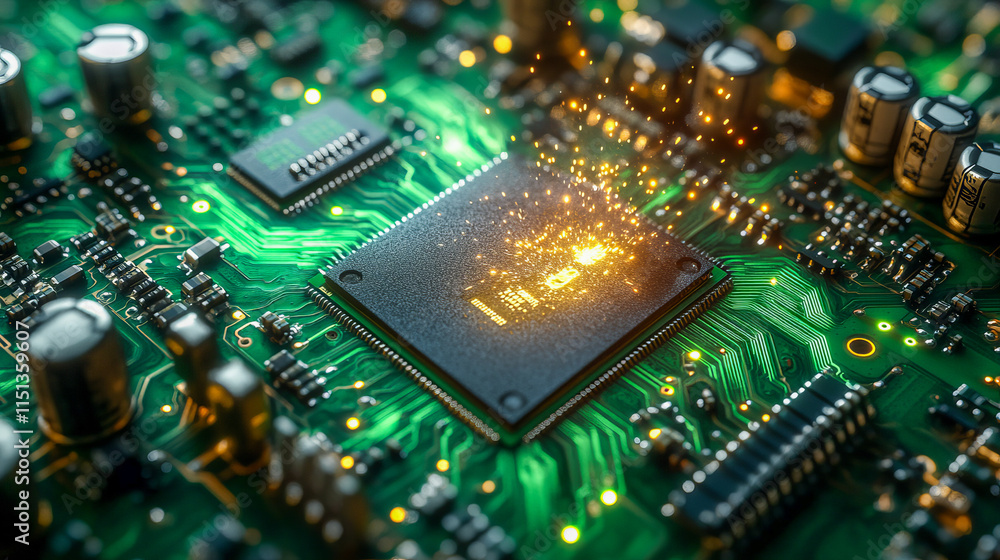 Close-up of glowing microchip on circuit board Close-up of glowing microchip on circuit board