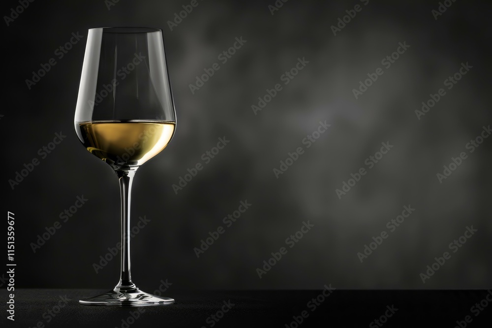 Crystal glass containing white wine, placed on a dark surface against a blurred background, creating a sophisticated atmosphere Crystal glass containing white wine, placed on a dark surface against a blurred background, creating a sophisticated atmosphere