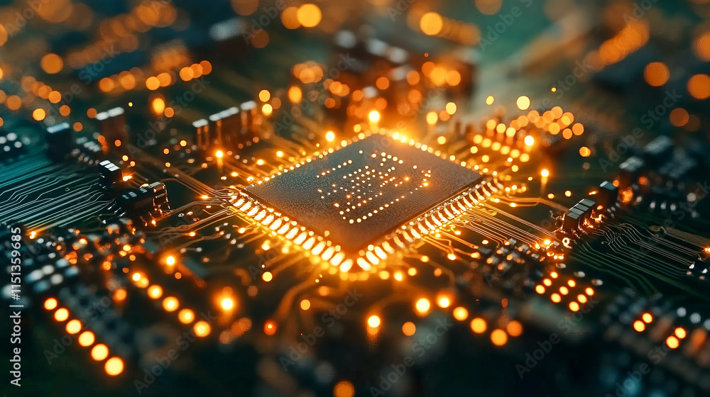 Glowing microchip circuit board with illuminated energy pathways Glowing microchip circuit board with illuminated energy pathways