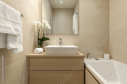 Wallpaper Mural Elegant and Compact Bathroom with Matte White Fixtures and Wooden Vanity Torontodigital.ca