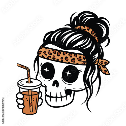 Trendy Skull with Leopard Headband and Drink Illustration