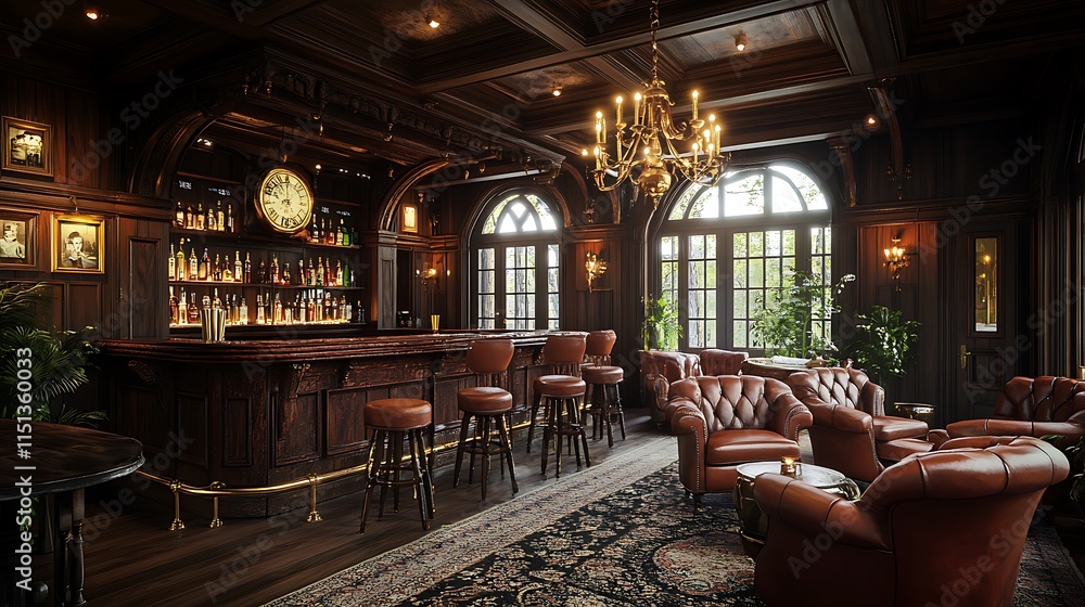 A cozy bar scene featuring plush leather armchairs with rich patina, distressed wooden walls and ceiling beams, a dimly lit chandelier casting a warm golden hue, and a timeless, elegant aesthetic, A cozy bar scene featuring plush leather armchairs with rich patina, distressed wooden walls and ceiling beams, a dimly lit chandelier casting a warm golden hue, and a timeless, elegant aesthetic,