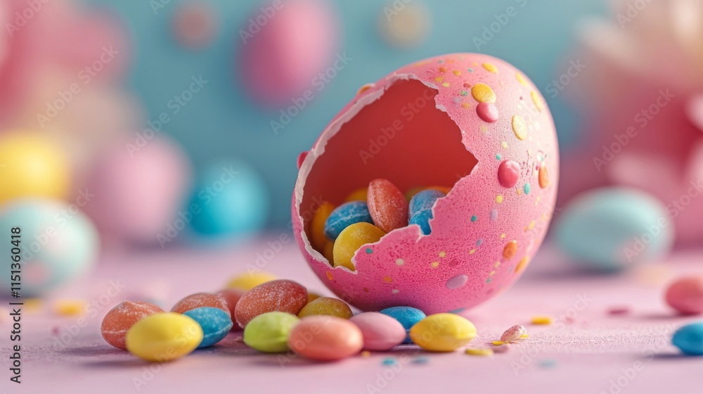Pink Easter Egg Filled With Colorful Candies Pink Easter Egg Filled With Colorful Candies
