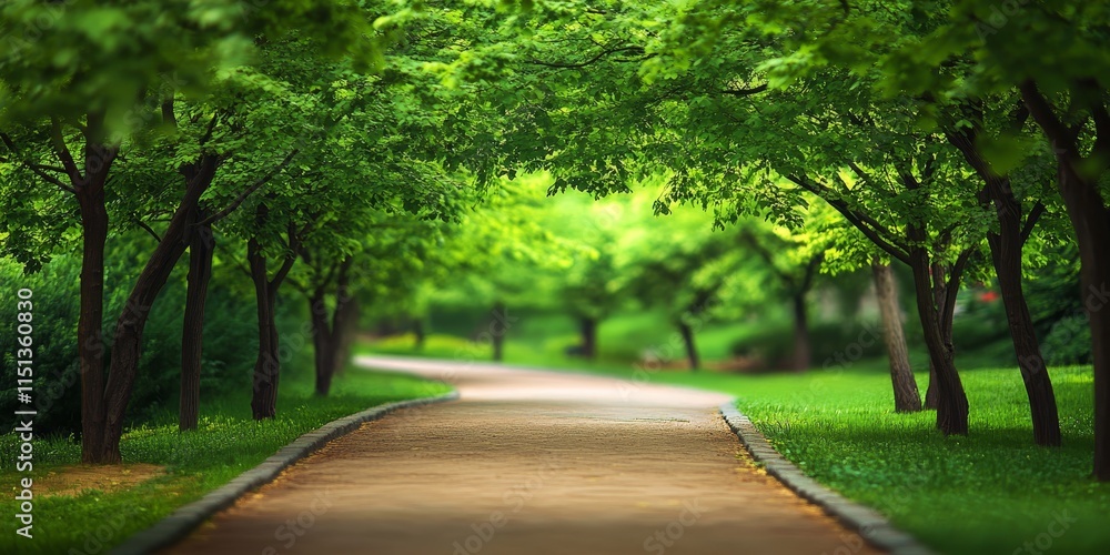 Obraz premium Pathways meander through green trees in the park, creating a serene atmosphere, while a blurred pattern background enhances the focus on the inviting pathways and vibrant green trees.