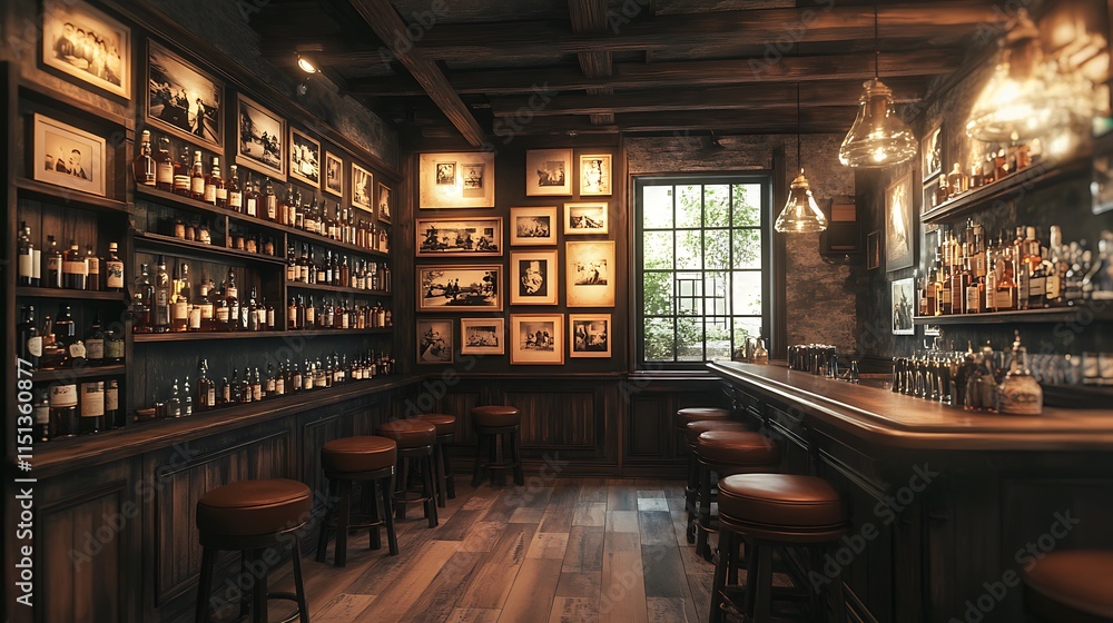 A cozy bar with an entire wall of sepia vintage photographs, wooden shelves filled with old bottles, soft golden lighting, and leather-upholstered bar stools, creating a warm and inviting retro vibe, A cozy bar with an entire wall of sepia vintage photographs, wooden shelves filled with old bottles, soft golden lighting, and leather-upholstered bar stools, creating a warm and inviting retro vibe,