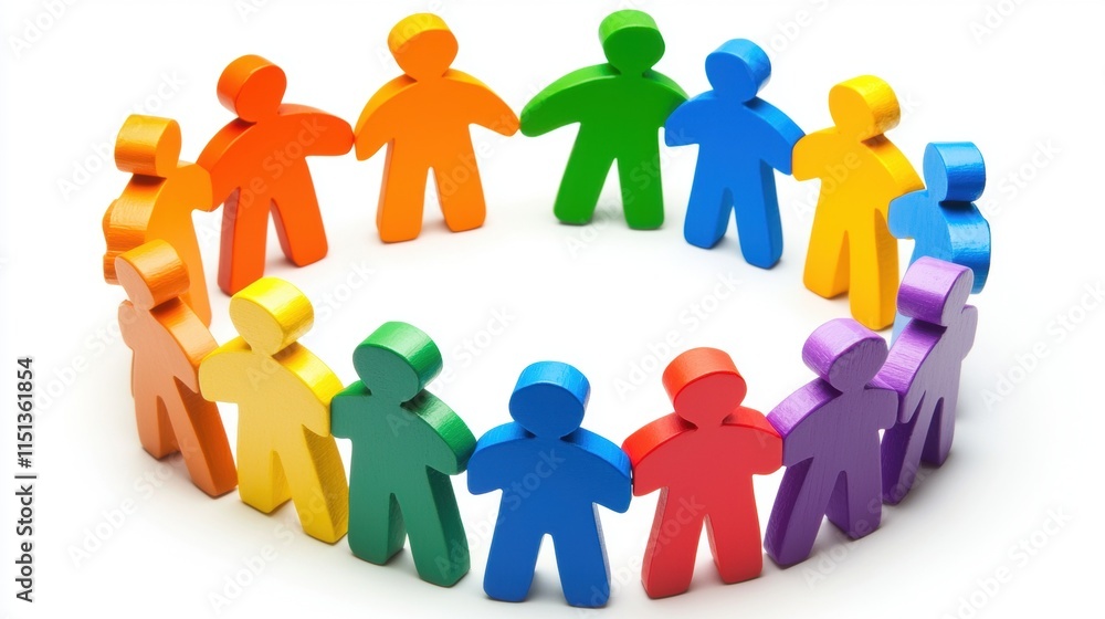 Colorful Wooden Figures in a Circle Representing Unity and Diversity in a Community Setting Colorful Wooden Figures in a Circle Representing Unity and Diversity in a Community Setting