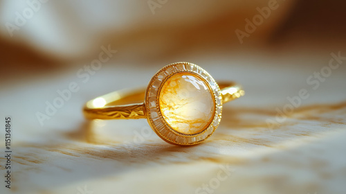 Elegant gold ring with gemstone on marble surface