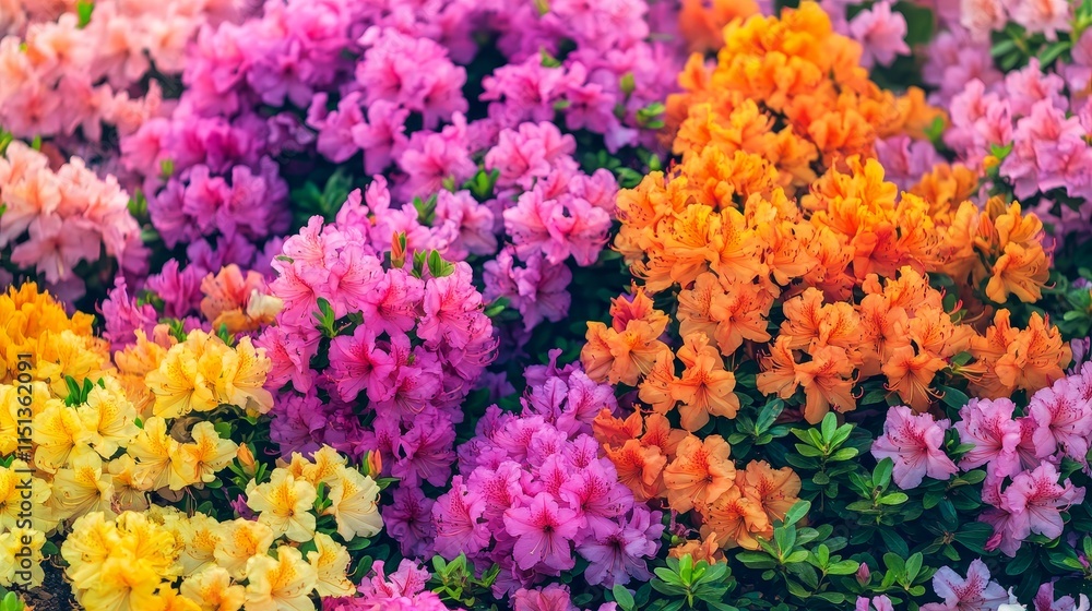 Fototapeta premium Colorful azalea flowers bloom in spring, showcasing their vibrant hues. The vibrant azalea flowers create a lively atmosphere, making spring a beautiful season for nature lovers.