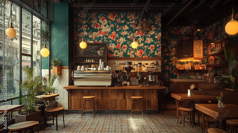 A cozy retro coffee shop interior featuring intricate vintage wallpaper with floral patterns, patterned tiles on the floor, classic pendant lights casting a soft golden glow, and rustic wooden tables, A cozy retro coffee shop interior featuring intricate vintage wallpaper with floral patterns, patterned tiles on the floor, classic pendant lights casting a soft golden glow, and rustic wooden tables,