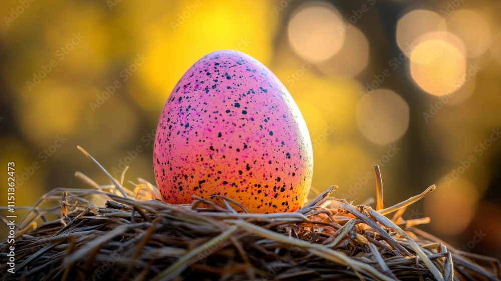 Obraz premium Pink speckled egg rests in a hay nest