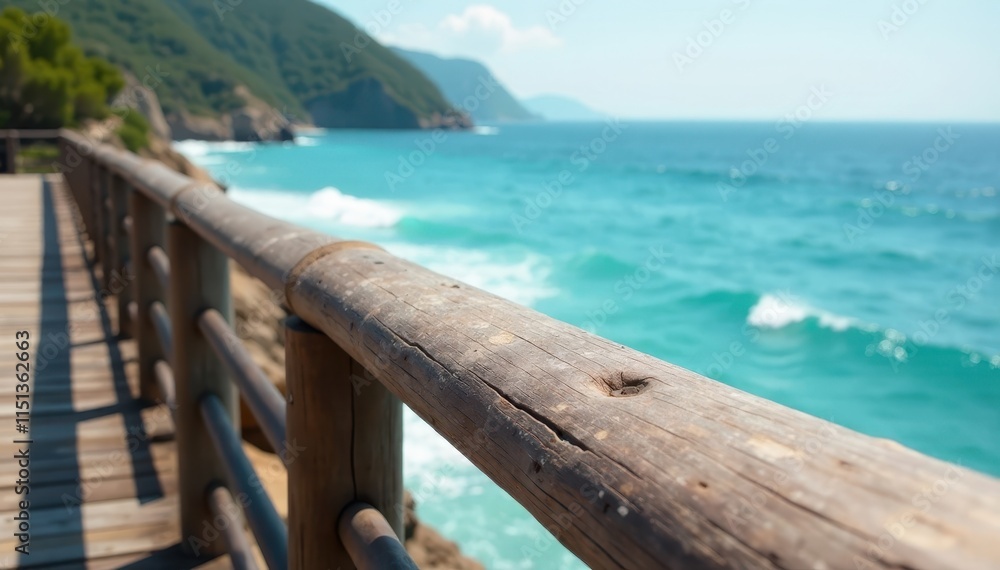 worn wooden railing creaks in the ocean breeze, clouds, waves worn wooden railing creaks in the ocean breeze, clouds, waves