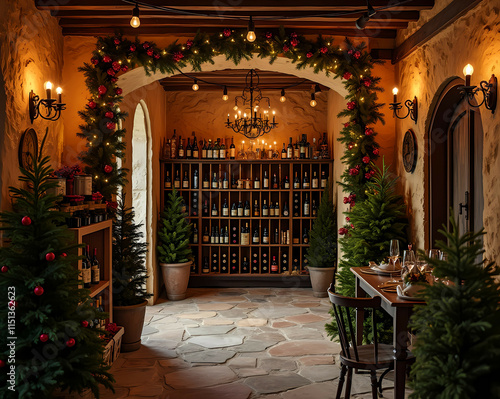 Rustic wine cellar featuring green and red holiday decorations and string lights Generative AI