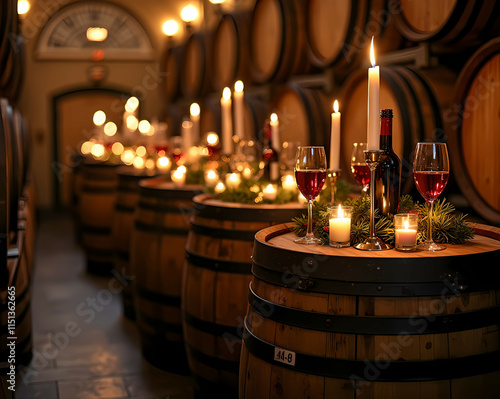Chic winery setup with barrels as tables, decorated with Christmas candles and lights Generative AI